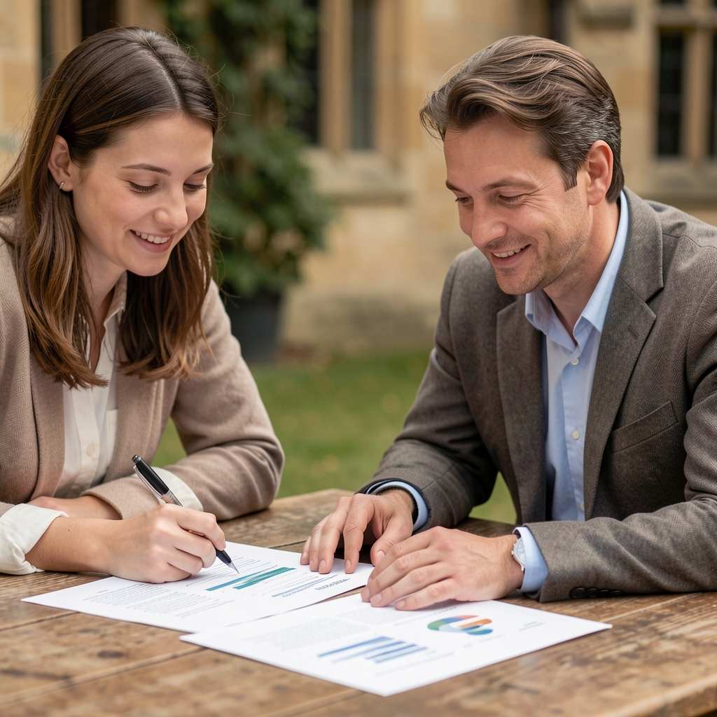 Two editorial colleagues reviewing printed wellbeing research around a wooden table in Oxford