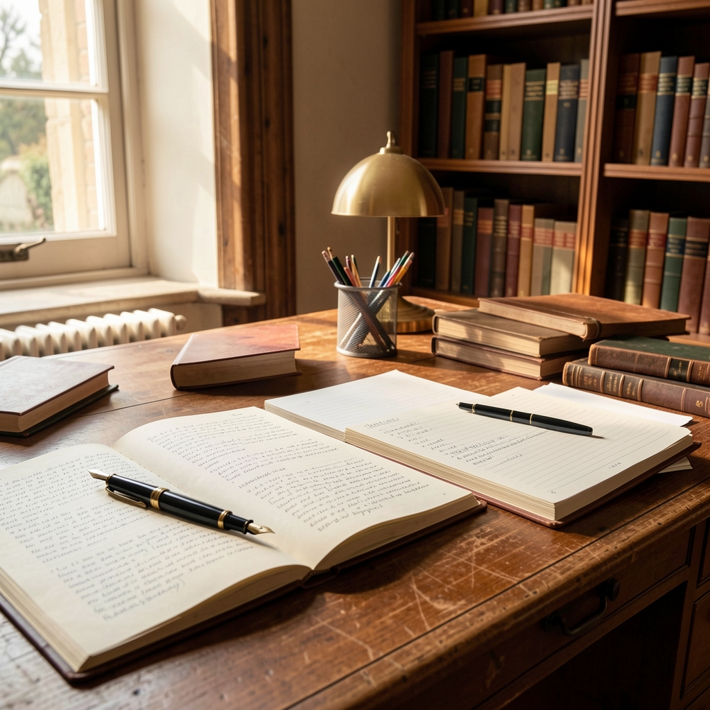 Editorial desk in Oxford with open research notes, fountain pen and warm afternoon light
