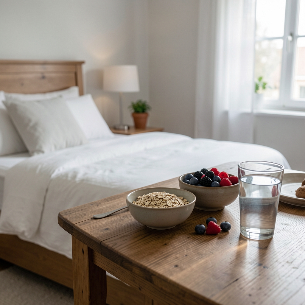 Calm bedroom beside a breakfast table with oats, berries and a glass of water