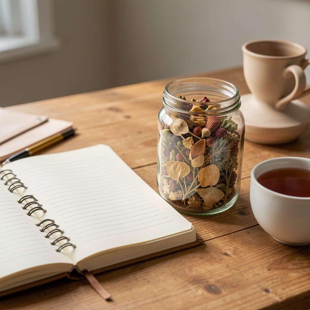 Dried botanical ingredients in glass jars beside an open research notebook and teacup