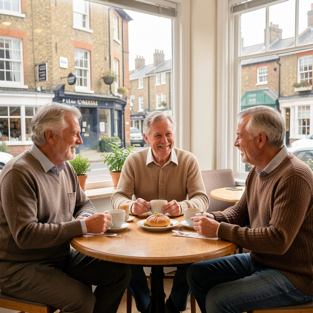 Three friends over 40 sharing tea around a bright café table in an Oxford neighbourhood