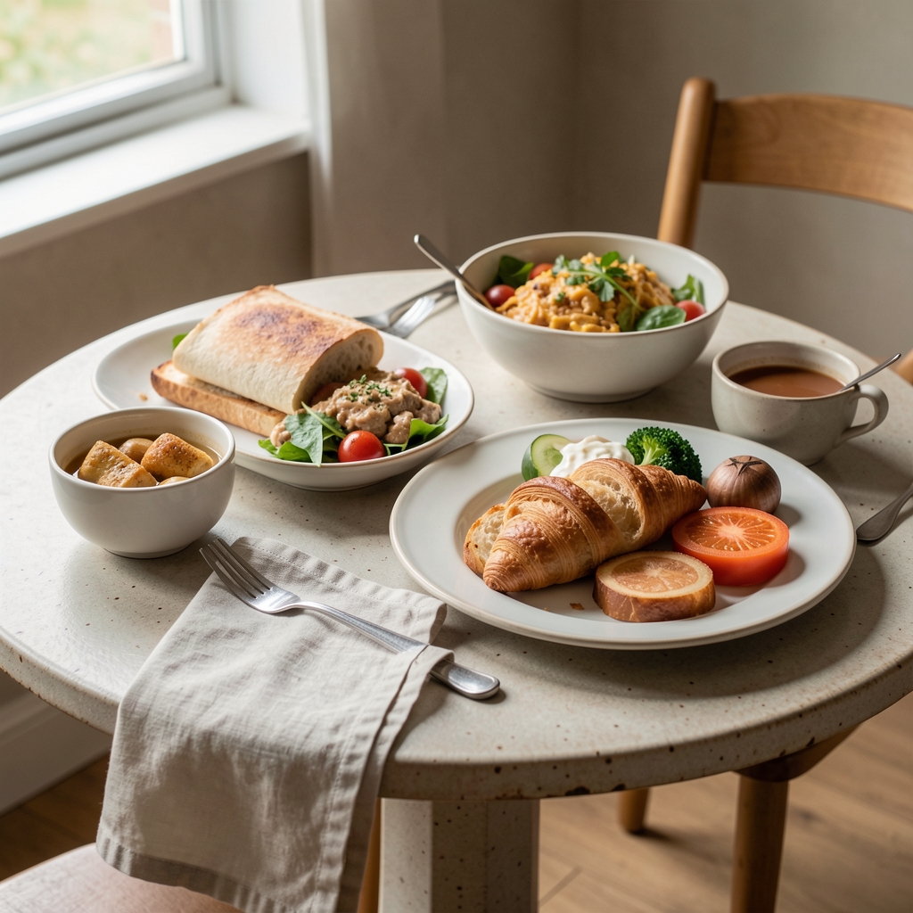 Colourful Mediterranean lunch arranged on a ceramic table with linen napkin and natural light