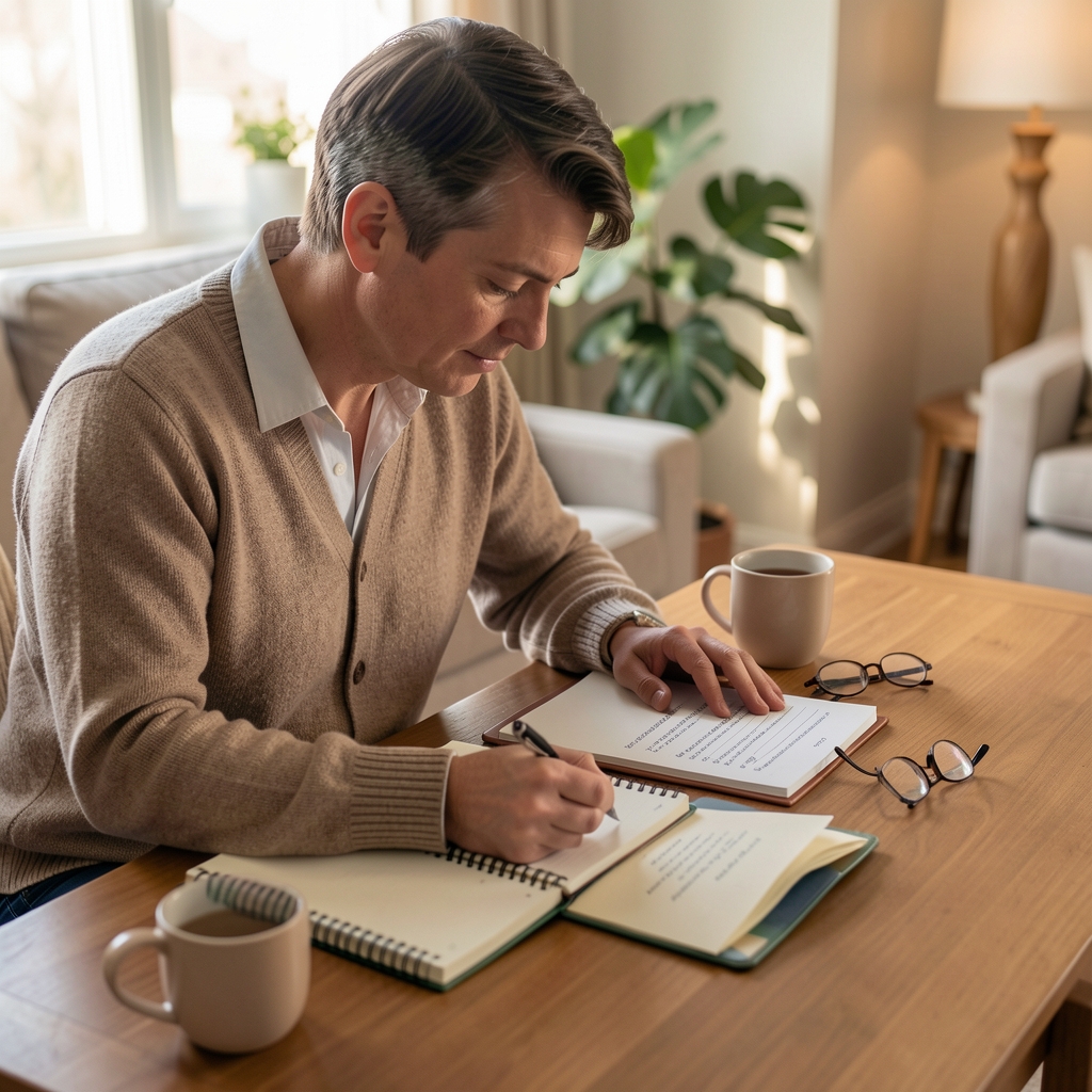 Adult reader preparing a neat list of questions beside a notebook and glasses at home