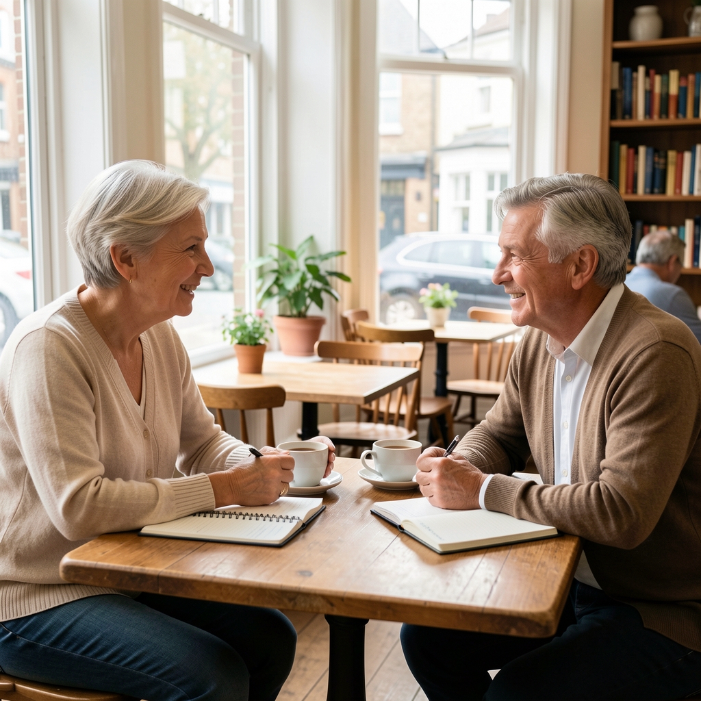 Two mature friends talking across a bright Oxford café table with notebooks and tea