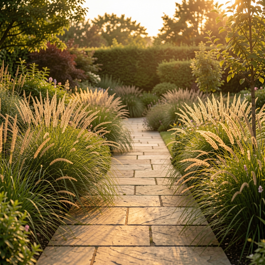 Quiet Oxford garden path bordered by grasses and late afternoon golden light