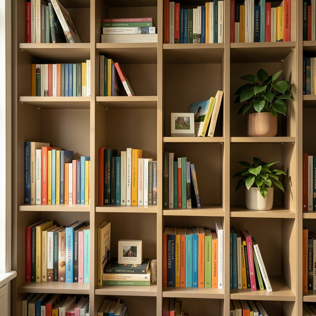 Warm taupe library shelves with organised wellbeing books and a small leafy plant