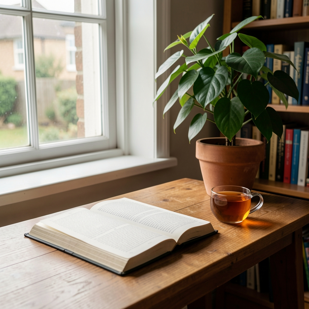 Sunlit Oxford reading room with a journal, herbal tea and leafy plant beside a window
