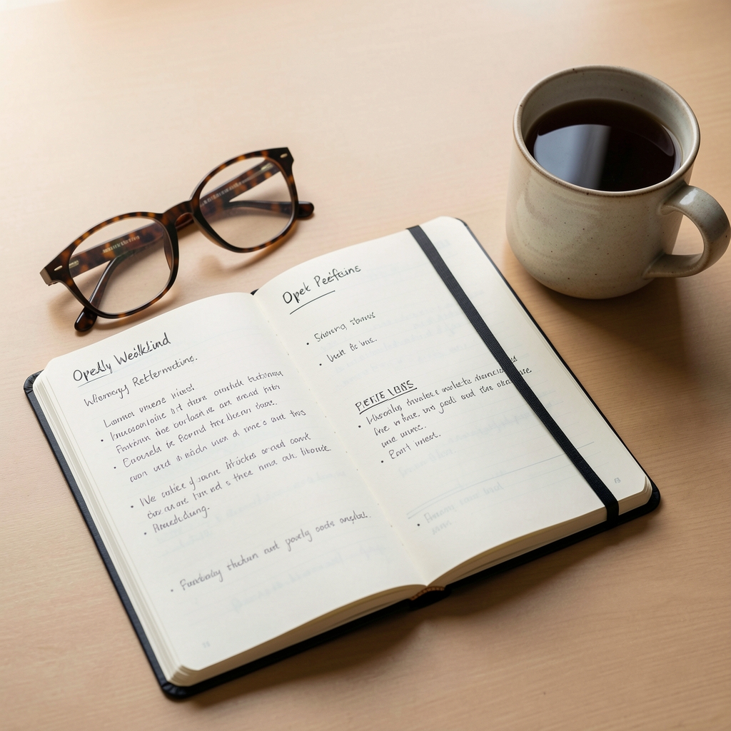 Open wellbeing journal with handwritten weekly reflection prompts beside reading glasses and a ceramic mug